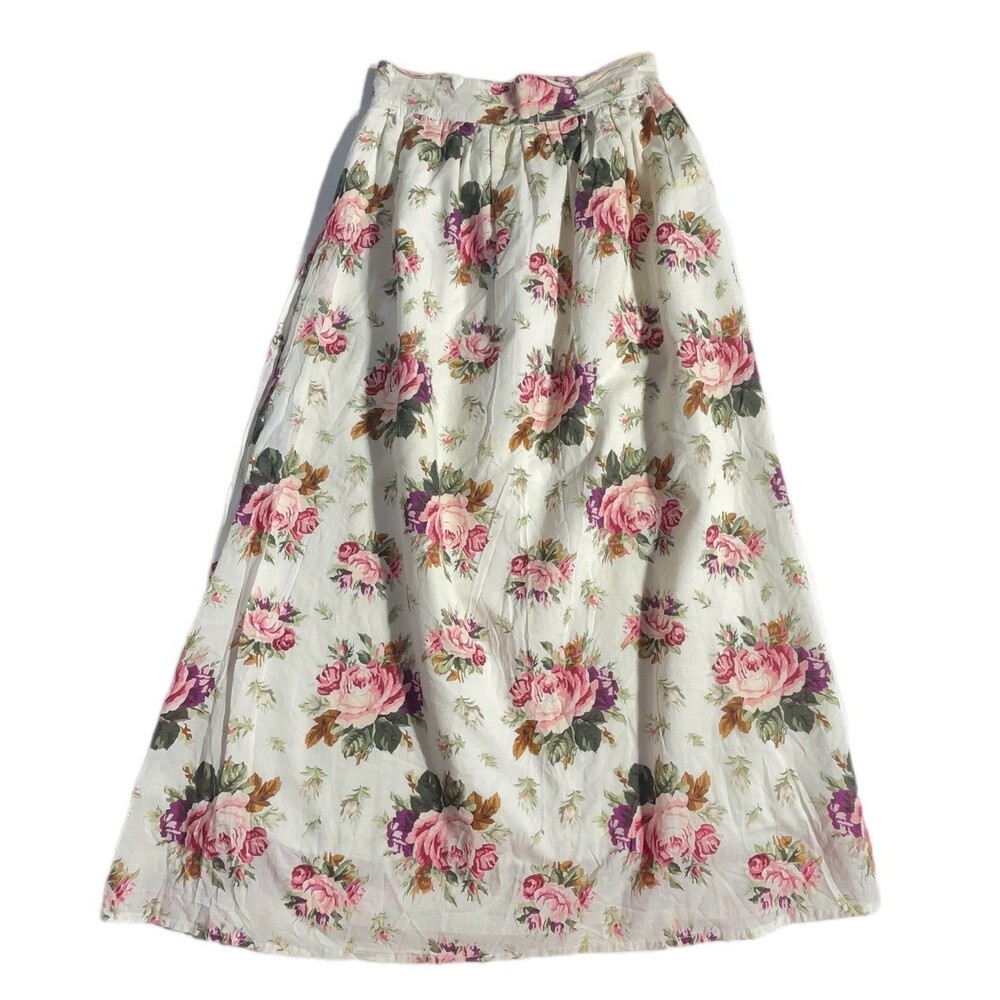 Unbranded cream and pink rose print pleated maxi skirt Fits XS/S